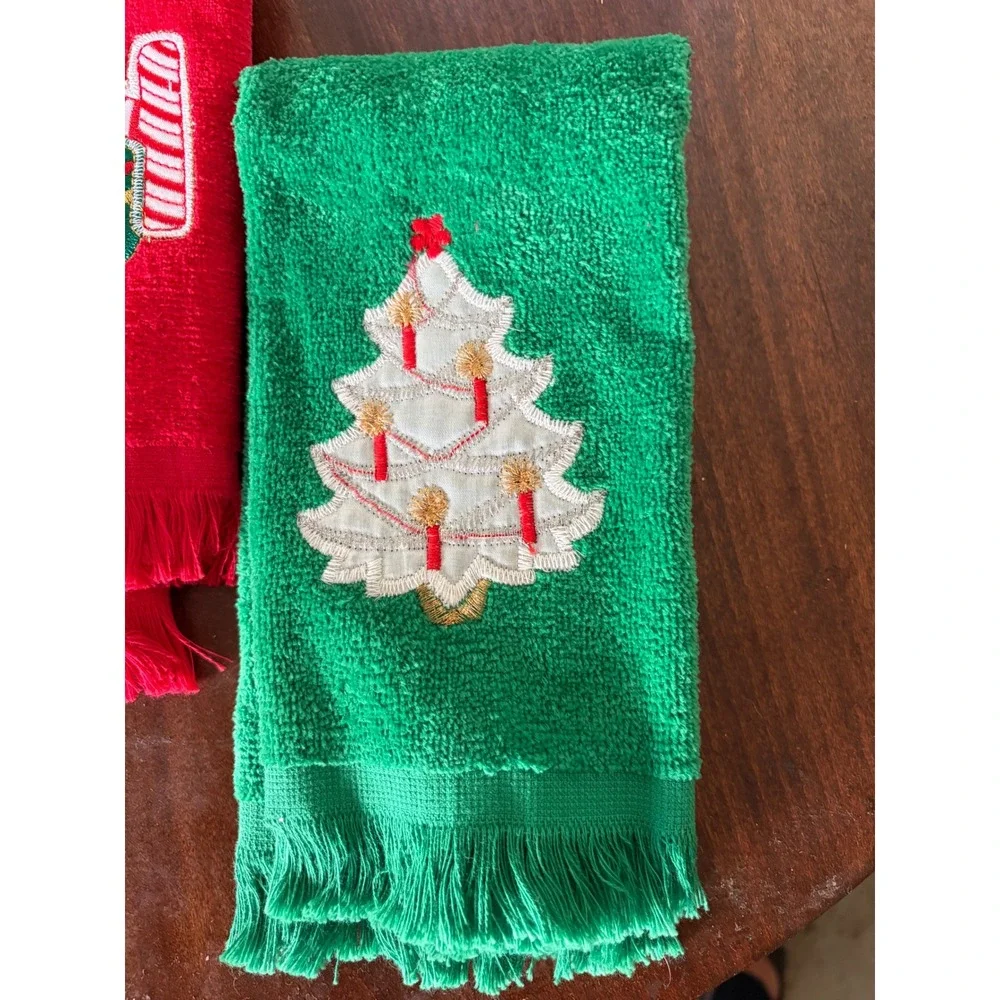 Vintage Christmas Hand Towel Set 3 Embroidered Santa Tree Joy cottagecore retro